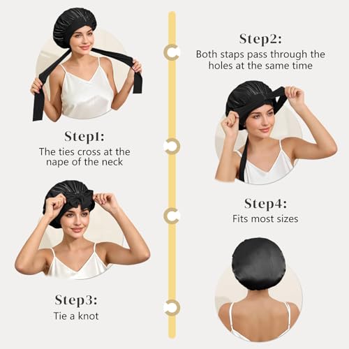 ZIMASILK 100% Mulberry Silk Bonnet for Sleeping Women Long Hair Double Layer Silk Hair Wrap with Tie Band Stay On Head (1Pc, Black) - color: Black