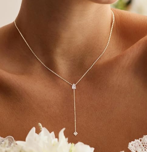 Gold Necklace for Women - Dainty Long Lariat Necklace 14K Gold Plated Clover Star Teardrop CZ Y Shaped Drop Necklaces Cute Long Necklaces for Women Trendy Prom Formal Womens Jewelry - color: Silver-LX Drop