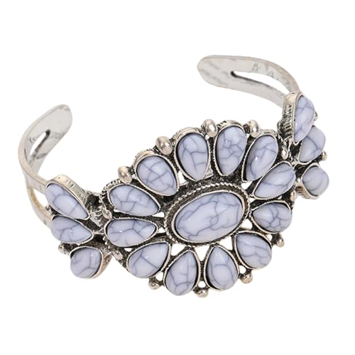 Vintage Ethnic Bohemia Turquoise Flower Colorful Stone Engraved Chunky Wrap Bangle Bracelet Retro Boho Cowgirl Western Statement Wide Open Cuff Punk Jewelry for Women - color: gray
