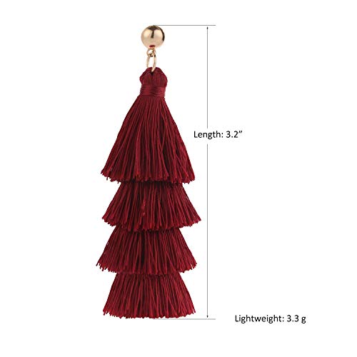BaubleStar Tassel Earrings Handmade Tiered Thread Tassel Dangle Earrings, Multi Colors - color: Burgundy