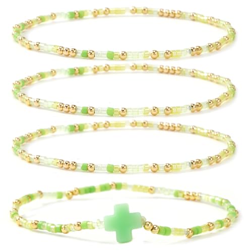 Gold Colorful Beaded Cross Bracelet Stack Set for Women,Handmade Bohemian Seed Beads Stacked Bracelets Fashion Holiday Jewelry Gift - color: Green
