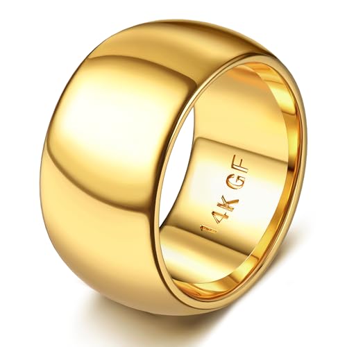 Florideco 14K Gold Filled Ring for Women Men Thick Thin Pinky Thumb Ring Wedding Band Ring Non Tarnish Plain Domed Comfort Fit Size 6 to 10 - color: 14K gold plated-12mm