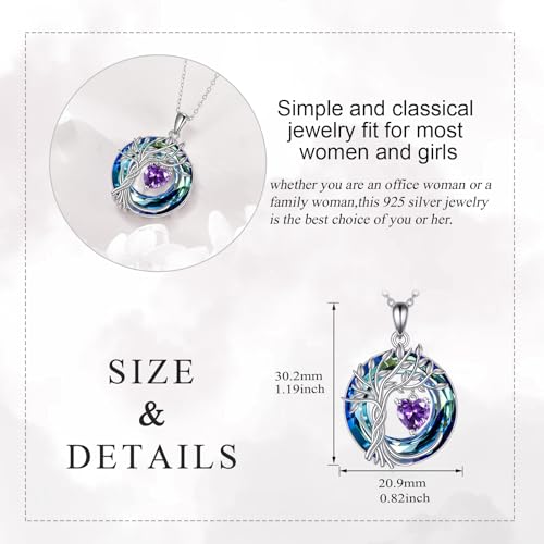 POPLYKE Mothers Day Gifts for Mom Her Wife Tree of Life Necklace 925 Sterling Silver Birthstone Pendant with Crystal Anniversary Birthday Wedding Jewelry for Women - color: 02-Feb-Amethyst, style: White Gold Plated-Blue Crystal