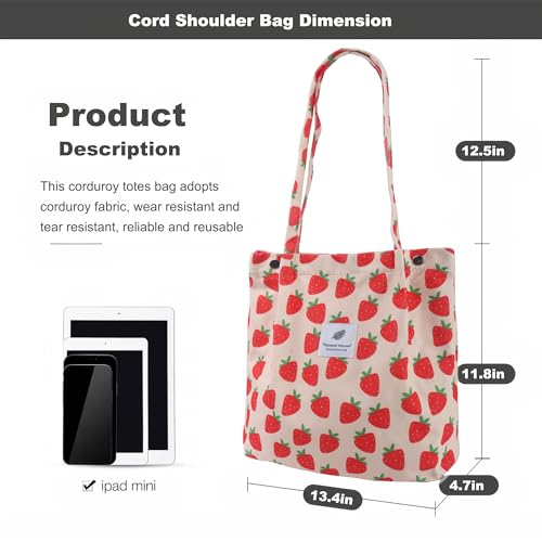 Corduroy Tote Bag for Women Small Canvas Shoulder Purse Cord Handy Bag with Inner Pocket | with Front Pocket - color: 03 A-strawberry-1