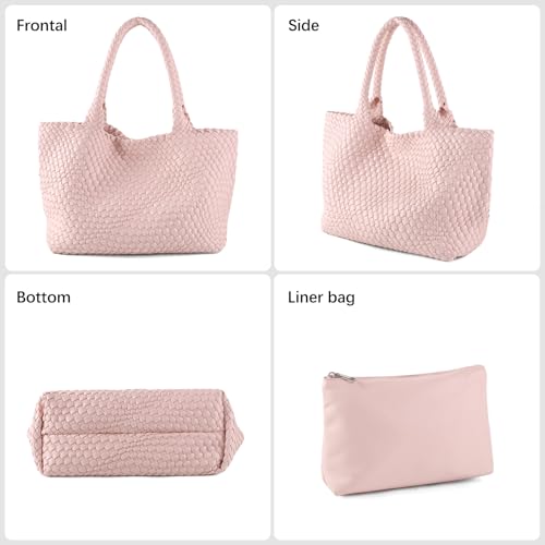 Woven Tote Bag Womens Purse Vegan Leather Shoulder Handbags Fashion Summer Beach Tote Bags Large Travel Totes - color: Pink