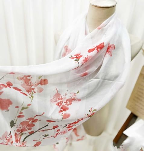 Xyueanlo Women's Chiffon Scarf Lightweight Scarves Fashion Elegant Floral Print Scarfs Shawls - color: Plum Blossom Red White