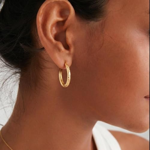 Gold Hoop Earrings 14K Gold Earrings for Women 14K Gold Hoop Earring for Women Leaf-Inspired Engraved Texture Hoops Earring for Womens Hoops 25/30MM - size: 25MM