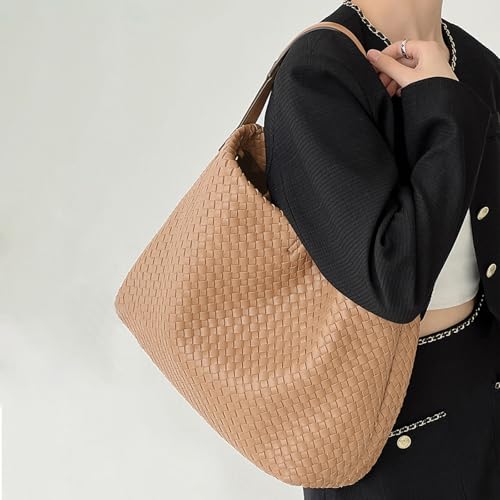 JINMANXUE Women Boston Bag, Woven Hobo Tote Handbag and Purses, Female Satchel Messenger Bags, Fashion Shoulder Crossbody Bag - color: Milk Tea