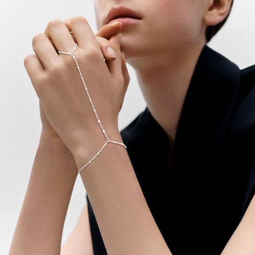 Tewiky Hand Chain Bracelet Ring, 14K Gold Plated/Silver Finger Ring Bracelet, Zircon Sequins Satellite Chain for Women, Trendy Non-Tarnish Jewelry
