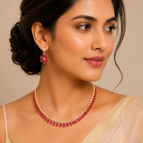JewarHaat Indian Bollywood Necklace Set AD CZ Elegant Gold Plated Multi Stones Sparkling Crystals Choker with Earrings Fashion Jewellery for Women & Girls - color: Ruby Red