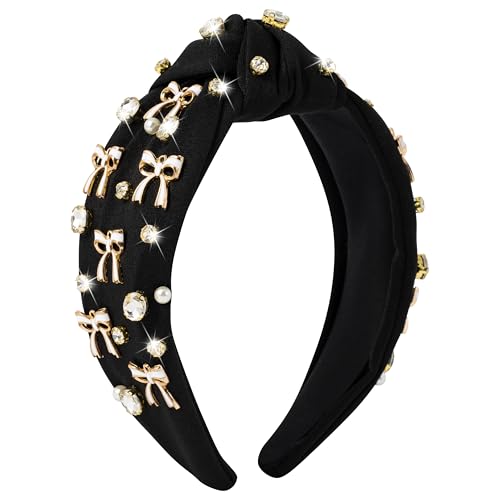 PANTIDE Black Bow Jeweled Knotted Headband - Rhinestone Crystal Pearl Embellished Headband Wide Top Knot Non Slip Hairband Accessories Bachelorette Wedding Birthday Gift for Women Girl (Black) - color: Black Bow