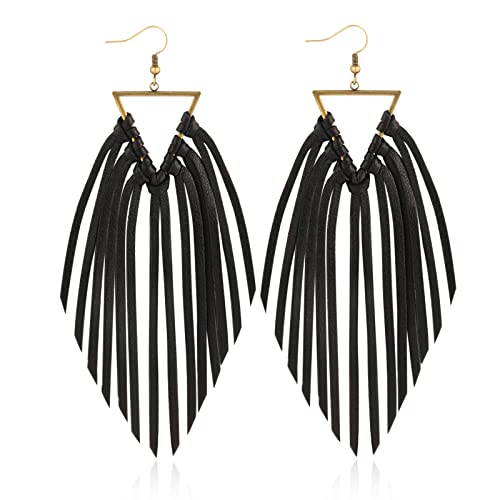 Fringe Leather Earrrings Triangle Deerskin Leather Boho Western Statement Dangel Earrings for Women - color: Black