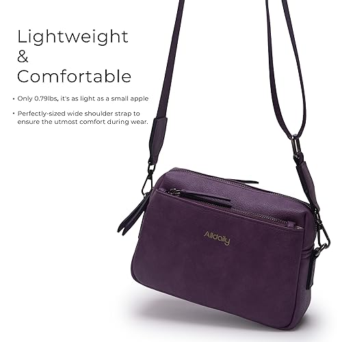Alldaily Small Triple Zip Crossbody Purse for Women, Vegan Leather Phone Bag with Wide Shoulder Strap - color: Purple