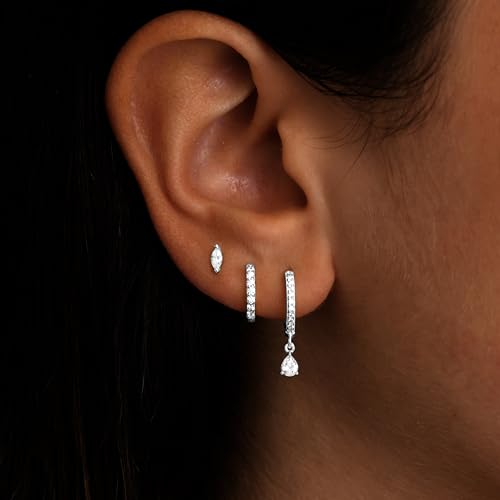 14K Gold Plated Small Huggie Hoop Earrings Set for Women, Hypoallergenic Dainty Sterling Silver Dangle Studs for Cartilage Helix, Lightweight Trendy Cute Stack Birthstone Jewelry Gift - color: 04_Diamond_Apr_Silver