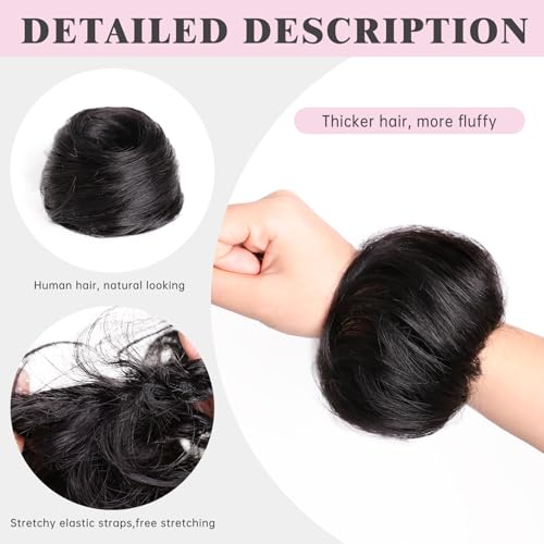 Messy Bun Hair Piece 100% Real Human Hair Chignons Scrunchie Tousled Fluffy Bun Scrunchie Wig Stretchy Band Messy Buns Hair Clip Fake Messy Hair Buns Hair Pieces for Women Black - color: Natural Black