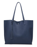 Dreubea Women's Soft Faux Leather Tote Shoulder Bag from, Big Capacity Tassel Handbag - color: Dark Blue