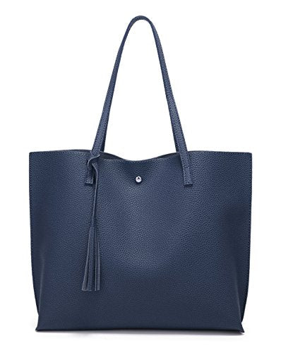 Dreubea Women's Soft Faux Leather Tote Shoulder Bag from, Big Capacity Tassel Handbag - color: Dark Blue