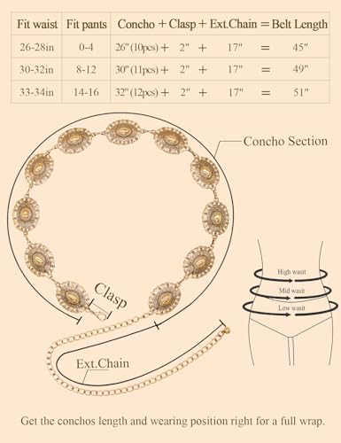 TOPACC Western Metal Concho Belt for Women Cowgirl Chain Belts for Dresses Jeans Country Concert Outfit - color: E Brass Gold, size: Fit Waist: 33-34 in