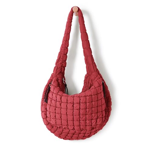 ODODOS Quilted Carryall Tote Bag for Women Crossbody Hobo Lightweight Padding Shoulder Bag - color: True Red