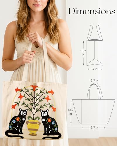 Miss Adola Embroidery Tote Bag with Pocket & Buckle - Reusable Canvas Tote for Women Cute Aesthetic Work Shopping Grocery Bag - style: Cat