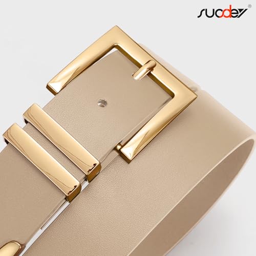 SUOSDEY Plus Size Women's Leather Belts for Jeans Pants Dress Fashion Women Waist Belt with Gold Buckle - color: Beige, size: Fit waist size 26''-33''