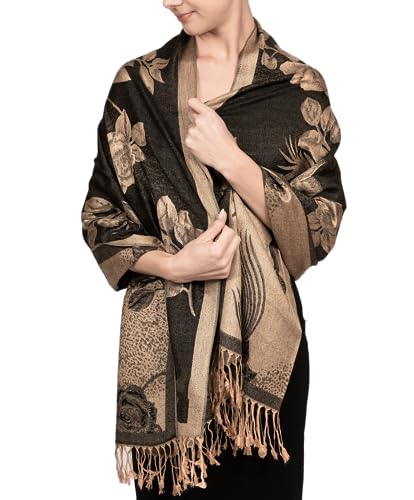 Achillea Reversible Paisley Pashmina Rave Scarf – Exotic Indian Shawls and Wraps for Evening Dresses, Festivals, All Seasons - color: Floral Black Gold