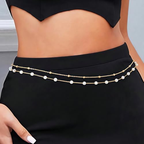14K Gold Plated Waist Chain for Women, 2Pcs Adjustable Pearl Beads Body Chain, Sexy Layered Summer Beach Bikini Belly Jewelry Accessories - style: Bead&Pearl