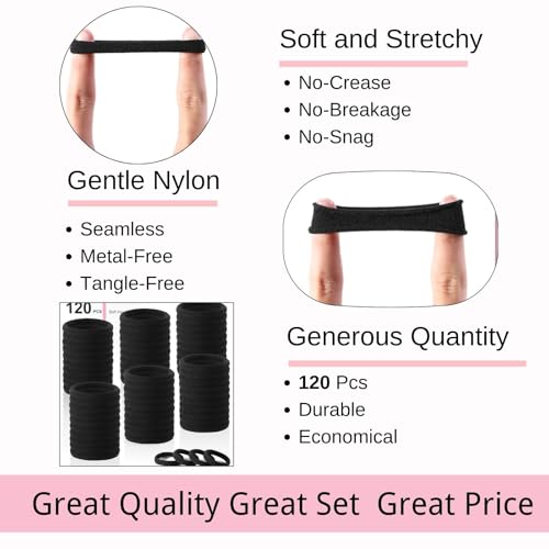 LuSeren 120PCS Black Hair Ties for Thick Hair – Seamless No Damage Elastic Ponytail Holders, Black Hair Band,Bulk Nylon Hair Elastics for Women - color: Black