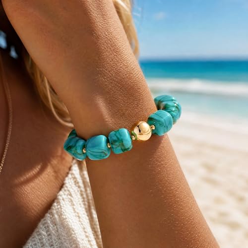 Multicolor Chunky Beaded Bracelet for Women Bold Acrylic Resin Stretch Bracelet Summer Beach Statement Bracelets Trendy Elastic Bangle Jewelry - color: Bead bracelet-turquoise