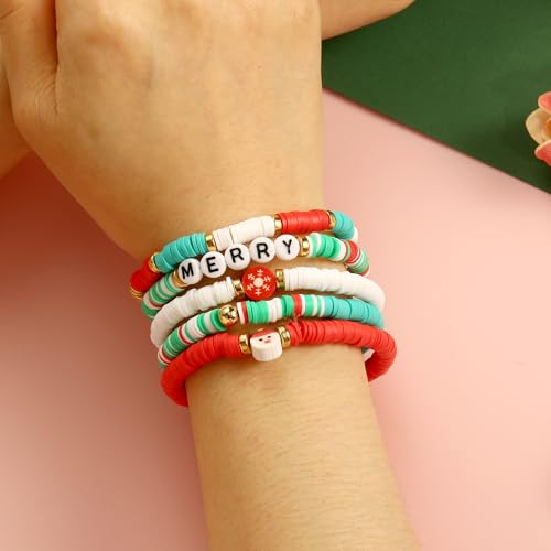 Elegance 11 designs Heishi Beaded Bracelets For Women Polymer Clay Colorful Surfer Stackable Beads Boho Bracelet Summer Beach Jewelry - color: Snowman