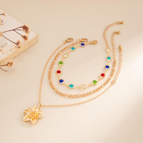 Fashion Layered Flower Charm Anklet for Women Golden Cuban Link Chain Tassel Waterproof Ankle Bracelet Adjustable Beach Vacation Foot Jewelry Summer Accessories - color: Gold
