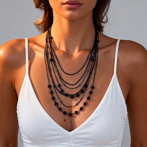 Boho Layered Necklace for Women Stacked Crystal Chain Necklace Beaded Pendant Boho Necklace Trendy Dainty Jewelry - color: Black