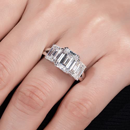 AnuClub Round/Emerald/Marquise Cut Moissanite 3 Stones Engagement Rings D Color VVS1 Round Cut 925 Sterling Silver Anniversary Wedding Promise Rings for Women - color: 5cttw Emerald Cut