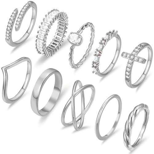 10 PCS 14K Gold Plated Rings Set for Women, Dainty Gold Knuckle Ring Non Tarnish, Simple Thumb Stacking Rings Pack Size 6/7/8/9/10 - color: silver