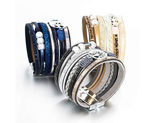 Fesciory Leather Wrap Bracelets for Women, Boho Leopard Multi-Layer Crystal Beads Cuff Bracelet Jewelry - color: B26:Tree of Life(Blue)