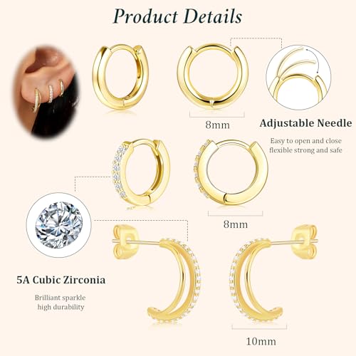 Poxtex Small Sterling Silver Huggie Hoop Earrings Set for Women, Hypoallergenic 14K Gold Plated Hoops Stacks for Multiple Piercings, Dainty Cute Mini Lightweight Cartilage Studs Trendy Jewelry Gift - color: Gold-double hoop