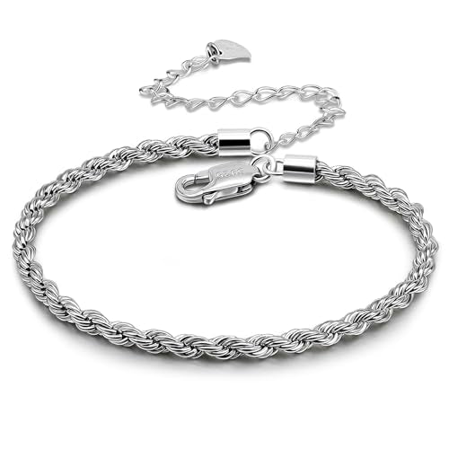 Dankadi 925 Sterling Silver Anklets Bracelet Women/Men Waterproof Simple Durable Chopin Chain/Cuban Link/Figaro/Box/Twist Rope Chain For Beach Foot Jewelry Gift - color: 3MM Twist Rope Chain, size: 27cm