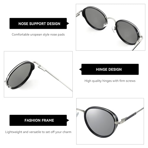 ZENOTTIC Retro Round Polarized Steampunk Sunglasses for Men Women-Circle Vintage Design Metal Frame UV400 Shades - color: C01 Silver Frame Silver Lens