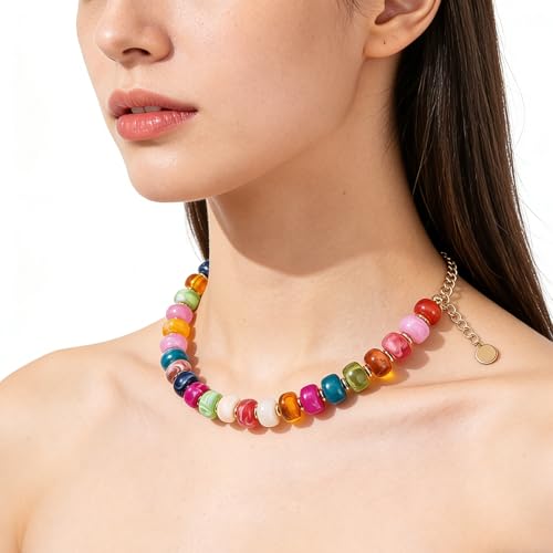 PINK TOWN Chunky Colourful Beaded Necklace for Women,Resin Acrylic Candy Color Clavicle Necklace Boho Gemstone Beaded Necklaces Statement Puff Jewelry for Summer Vacation - color: C