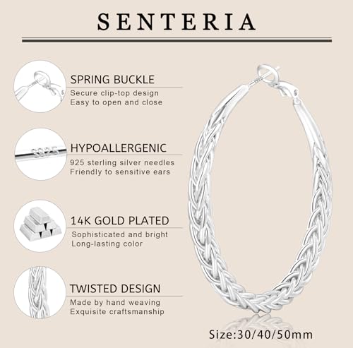 Senteria Silver Hoop Earrings for Women Hypoallergenic 925 Sterling Silver Post Hoop Earrings Lightweight Large Hoops Earring Thick Twisted Silver Hoops 30/40/50MM - color: 40MM Silver
