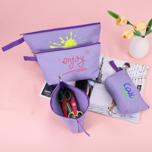 10 Pieces Cotton Canvas Makeup Bag with Bottom and Strap, Multi-Purpose Cosmetic Bag with Zipper Travel Toiletry Pouch, Blank DIY Craft Bag (Purple, S) - color: Purple, size: S