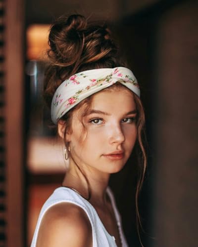 Huachi Boho Headbands for Women Floral Print: Summer Twist Headband for Beach, Elastic Women's Fashion Head Bands - color: Sea of Flower