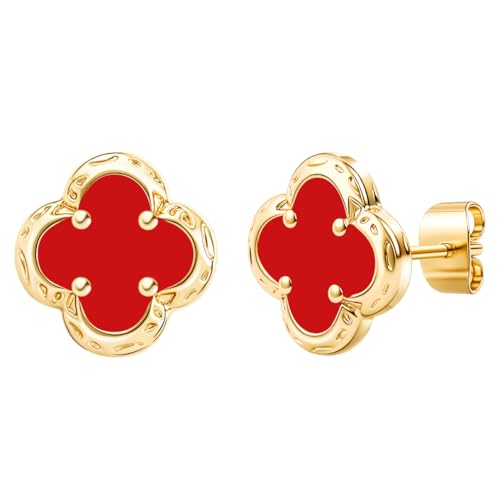 Elegant Black Onyx Clover Stud Earrings, 14K Gold Plated Four Leaf Hypoallergeinc Stud Stainless Steel Flower Earring Lucky Simple Jewelry Gift for Women Shiny Multiple Onyx Colors - color: Red Clover Stud Earrings