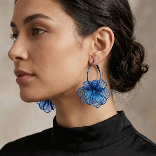 Gold Flower Statement Earrings for Women Boho Trendy Hoop Earrings Floral Dangle Petal Earring Prom Wedding Jewelry Gifts - color: A7:blue
