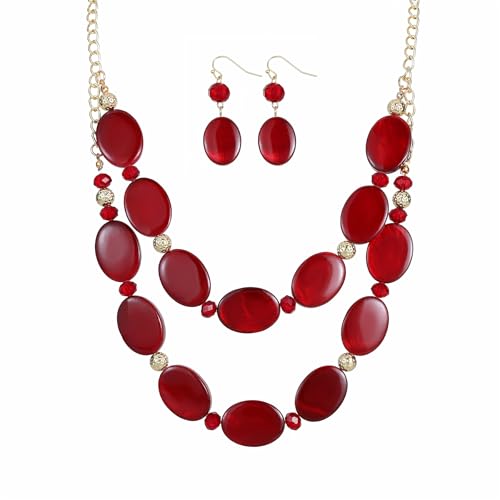 2 Layered Chunky Beaded Shell Necklace for Women Sea Shell blue/yellow/red/green/turquoise/teal/white Statement Necklace and Earring Set Elegant Women Necklace Set Jewelry Sets for Women - color: Burgundy