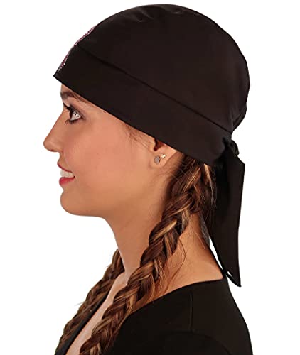 Sparkling EARTH - American Made Skull Caps Doo Rags Do Rag Durag Headwrap Head Wraps Skullies - Made in The USA! - color: Black Skull Cap With Pink Ribbon Rhinestud