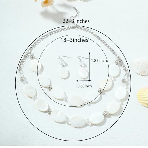 2 Layered Chunky Beaded Shell Necklace for Women Sea Shell blue/yellow/red/green/turquoise/teal/white Statement Necklace and Earring Set Elegant Women Necklace Set Jewelry Sets for Women - color: White