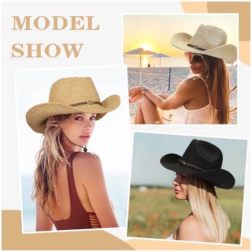 Straw Cowboy Hats Western Cowgirl Hat for Holiday Woven Beach Sun Hat with Shapeable Wide Brim Cowboy Hat for Women/Men - color: Black