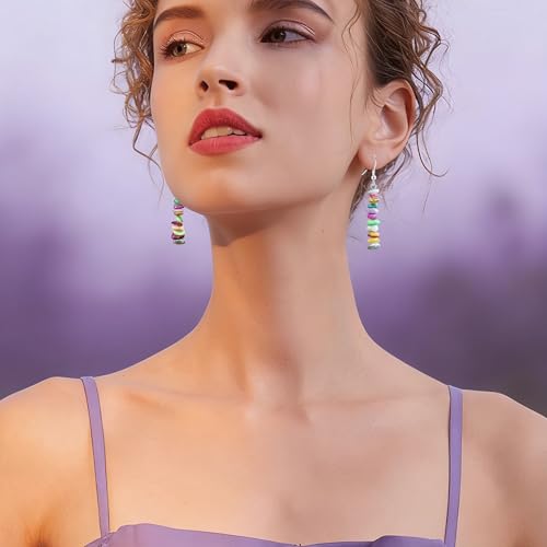 Handmade Bohemian Vintage Silver Nature Stone Beads Long Dangle Drop Earrings for Women - color: Light Colorful