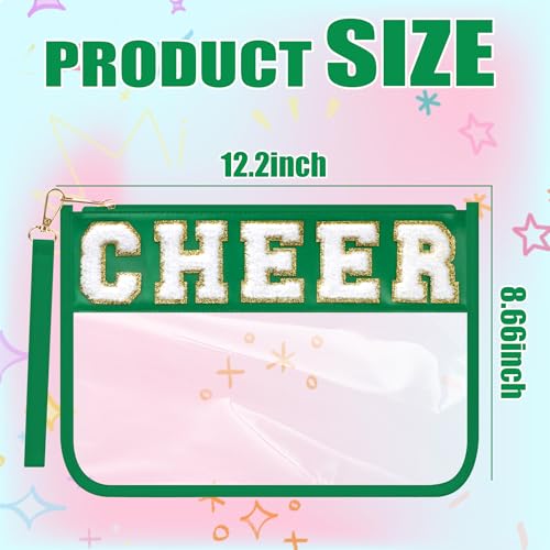BuyCard Cheer Chenille Letter Bags Clear Makeup Bag, Cheerleader Gifts Cosmetic Bag, Varsity Preppy Patch Flat Pouch Cheer Accessories, Waterproof PVC Organizer Toiletry Bag for Women Girls Green - color: Green-Cheer